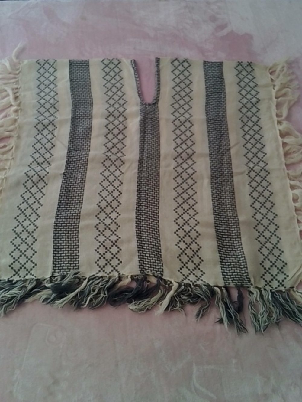 Mudd Y2K Boho Aztec Cream and Grey Striped Fringe Poncho